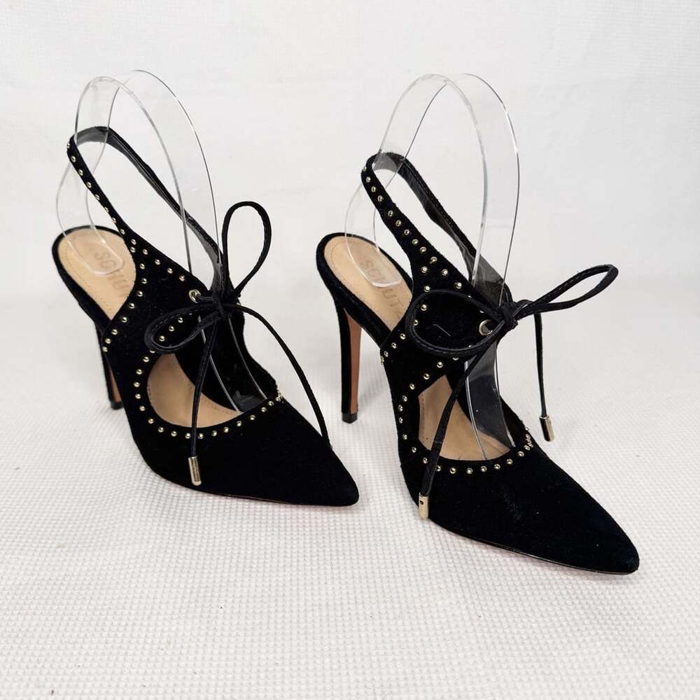 Schutz Black Suede Studded Tie Heels Size 6B